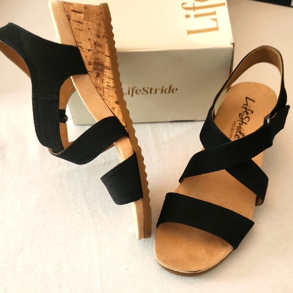 SOLD!!!  Life Stride Black & Tan Wedge Sincere Sandals